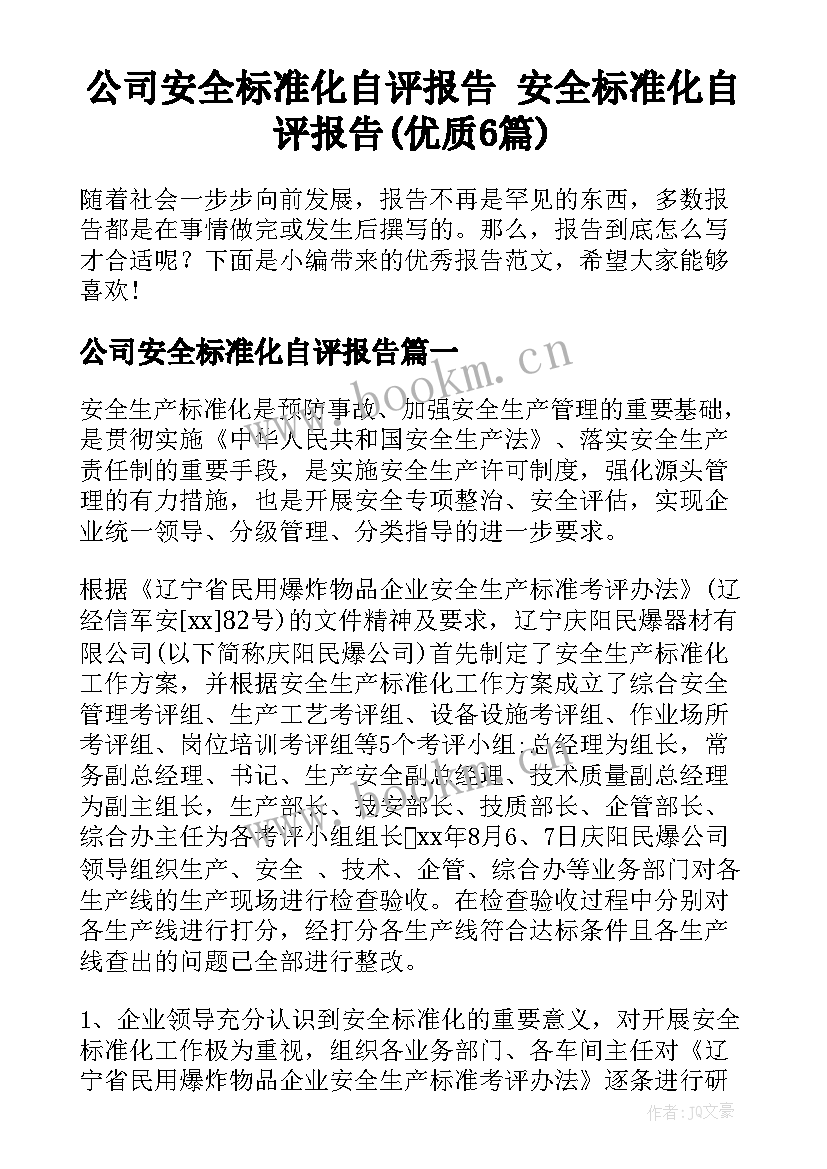 公司安全标准化自评报告 安全标准化自评报告(优质6篇)