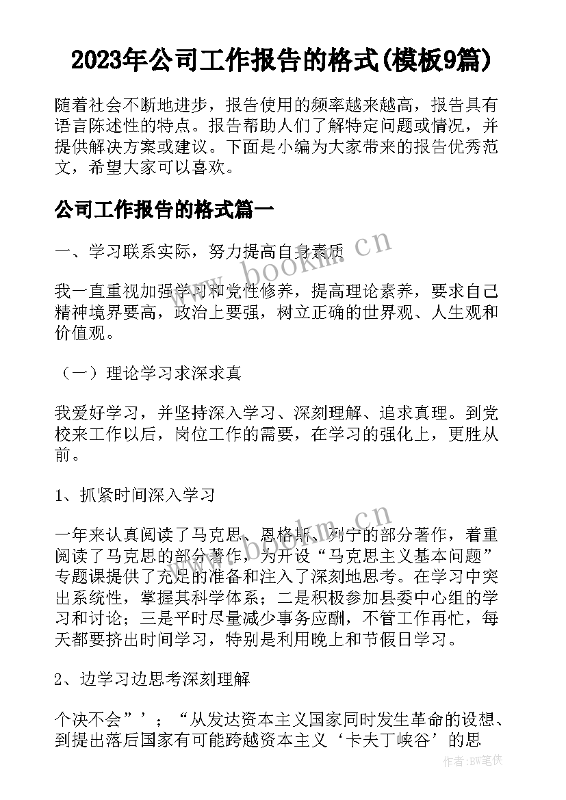 2023年公司工作报告的格式(模板9篇)