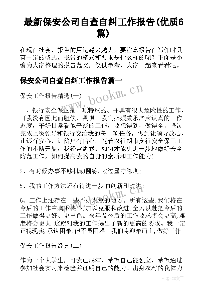 最新保安公司自查自纠工作报告(优质6篇)