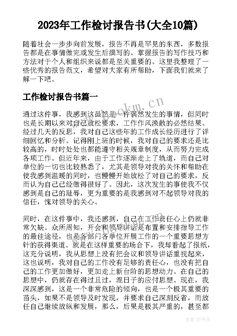 2023年工作检讨报告书(大全10篇)