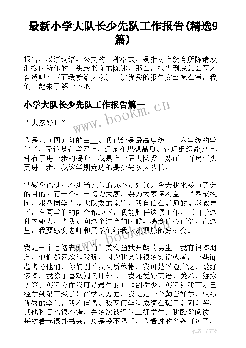 最新小学大队长少先队工作报告(精选9篇)