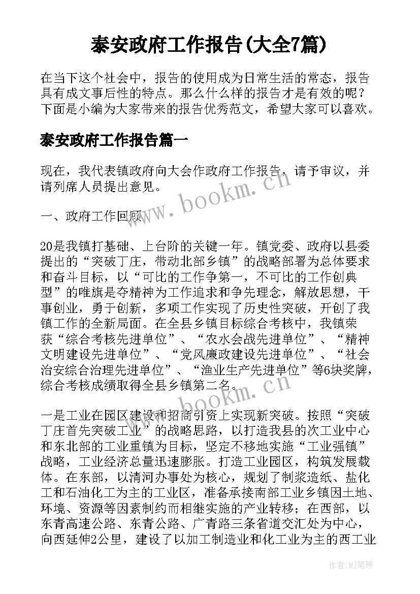 泰安政府工作报告(大全7篇)