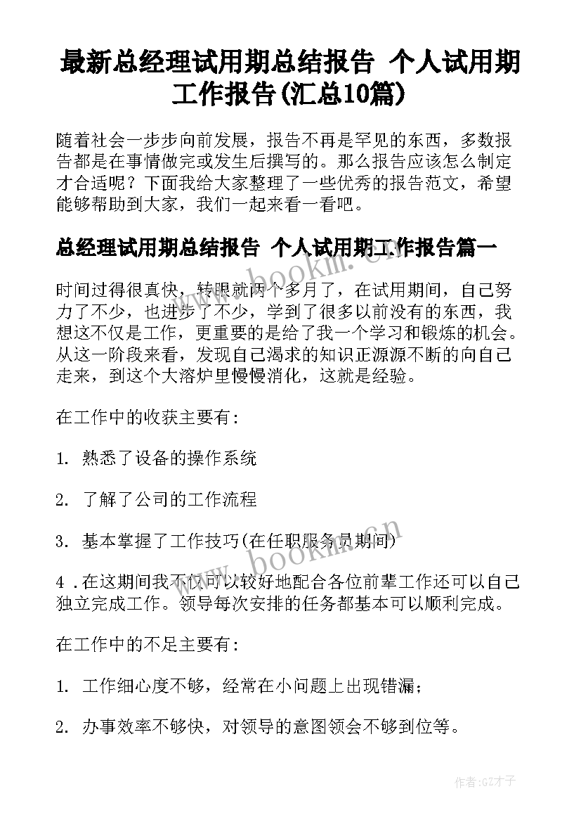 最新总经理试用期总结报告 个人试用期工作报告(汇总10篇)