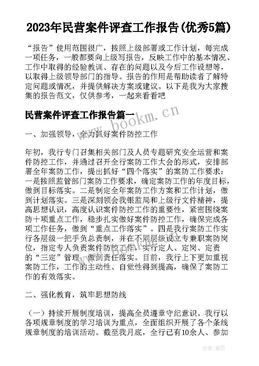 2023年民营案件评查工作报告(优秀5篇)