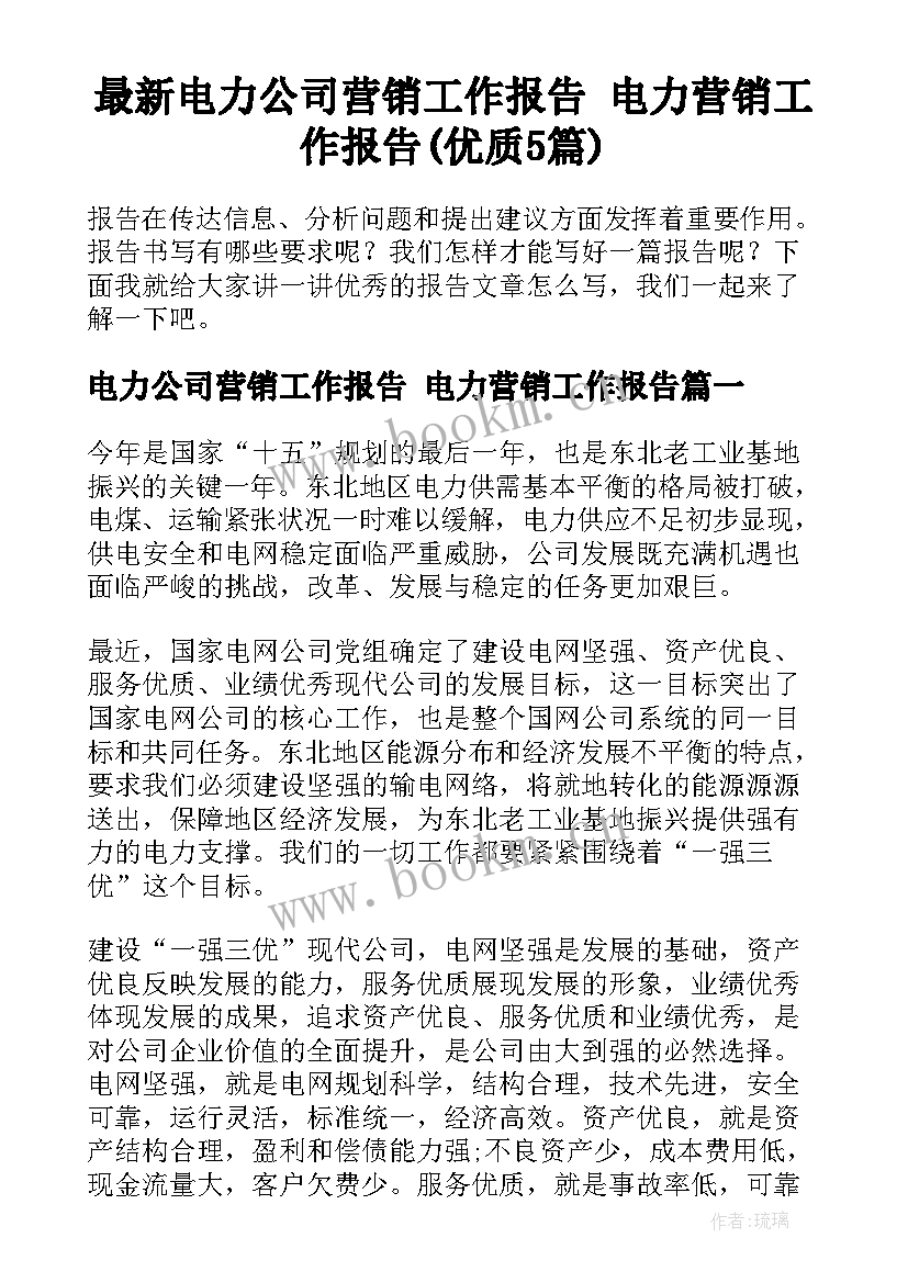 最新电力公司营销工作报告 电力营销工作报告(优质5篇)