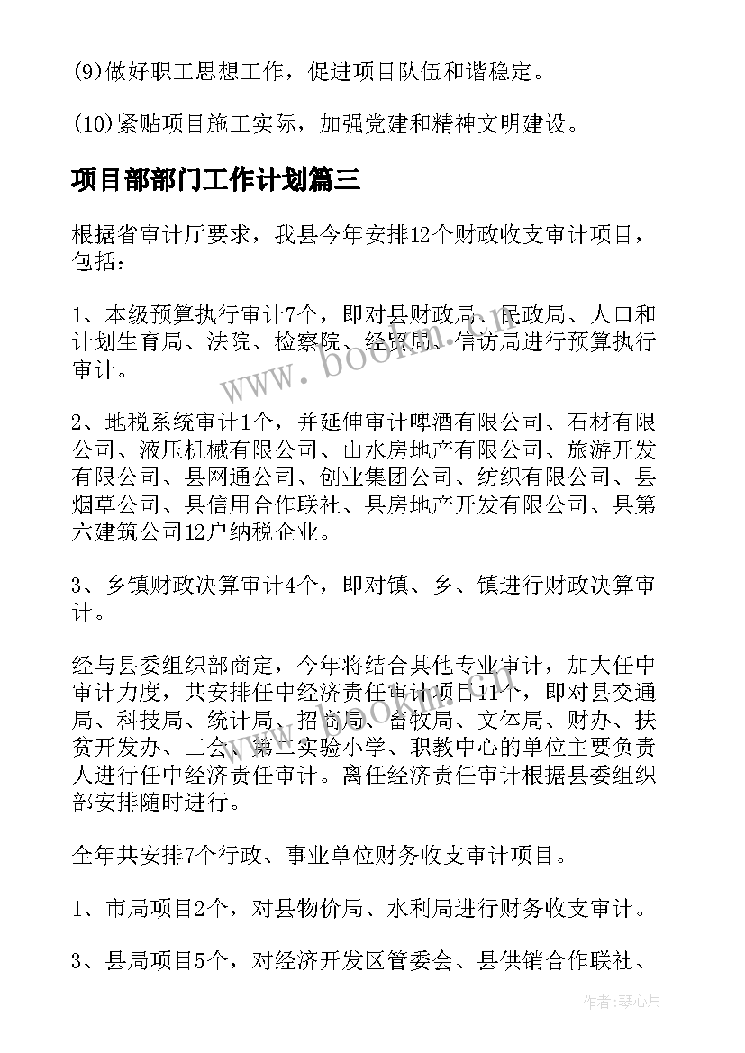 最新项目部部门工作计划(优秀8篇)