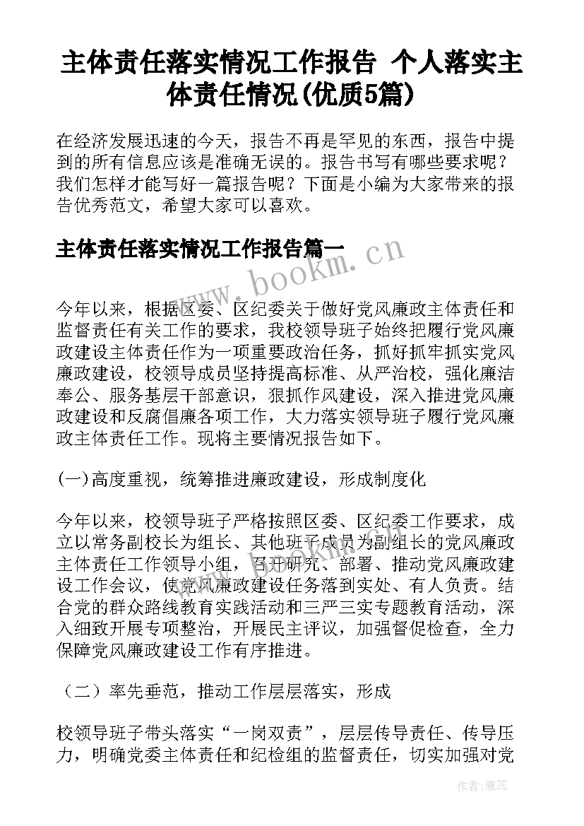 主体责任落实情况工作报告 个人落实主体责任情况(优质5篇)