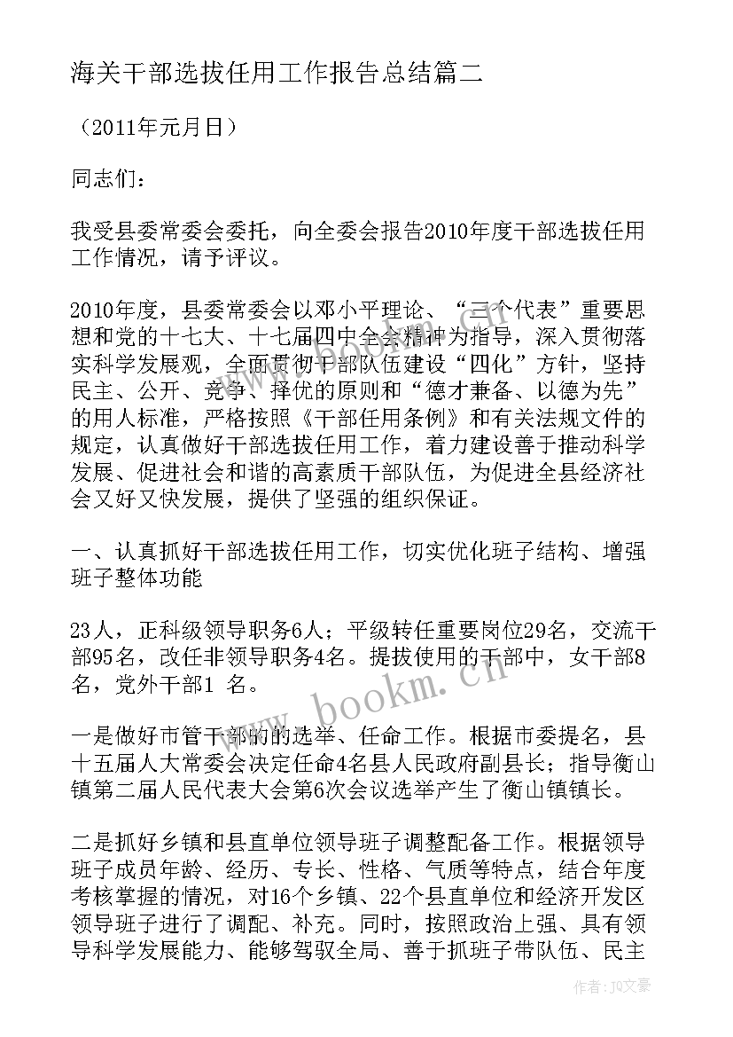 海关干部选拔任用工作报告总结 干部选拔任用工作报告(模板6篇)