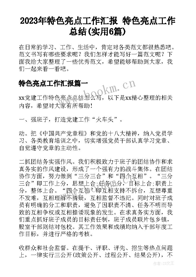 2023年特色亮点工作汇报 特色亮点工作总结(实用6篇)