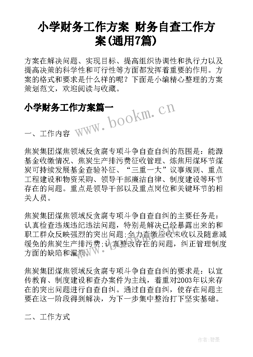 小学财务工作方案 财务自查工作方案(通用7篇)