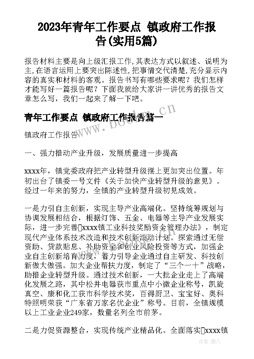 2023年青年工作要点 镇政府工作报告(实用5篇)