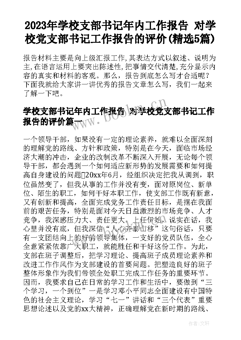 2023年学校支部书记年内工作报告 对学校党支部书记工作报告的评价(精选5篇)