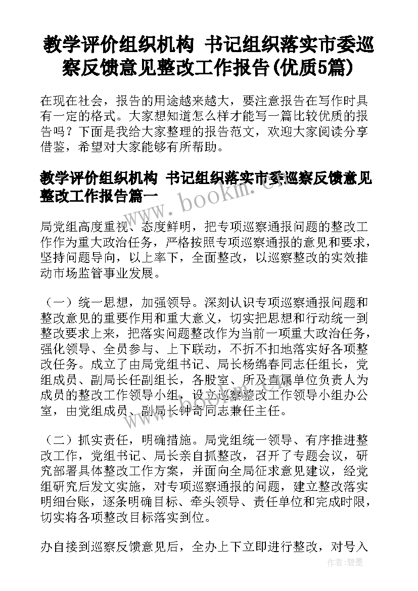 教学评价组织机构 书记组织落实市委巡察反馈意见整改工作报告(优质5篇)