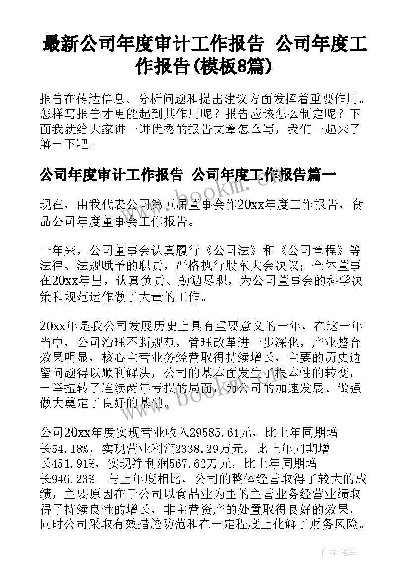 最新公司年度审计工作报告 公司年度工作报告(模板8篇)