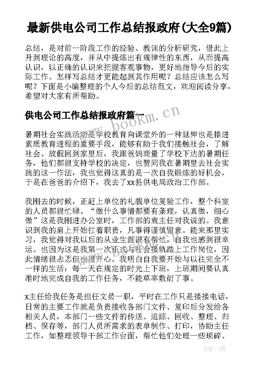 最新供电公司工作总结报政府(大全9篇)