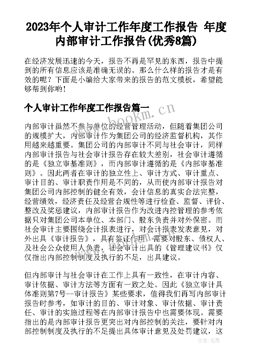 2023年个人审计工作年度工作报告 年度内部审计工作报告(优秀8篇)