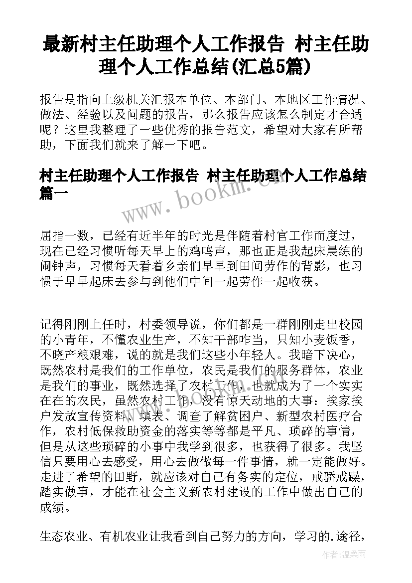 最新村主任助理个人工作报告 村主任助理个人工作总结(汇总5篇)