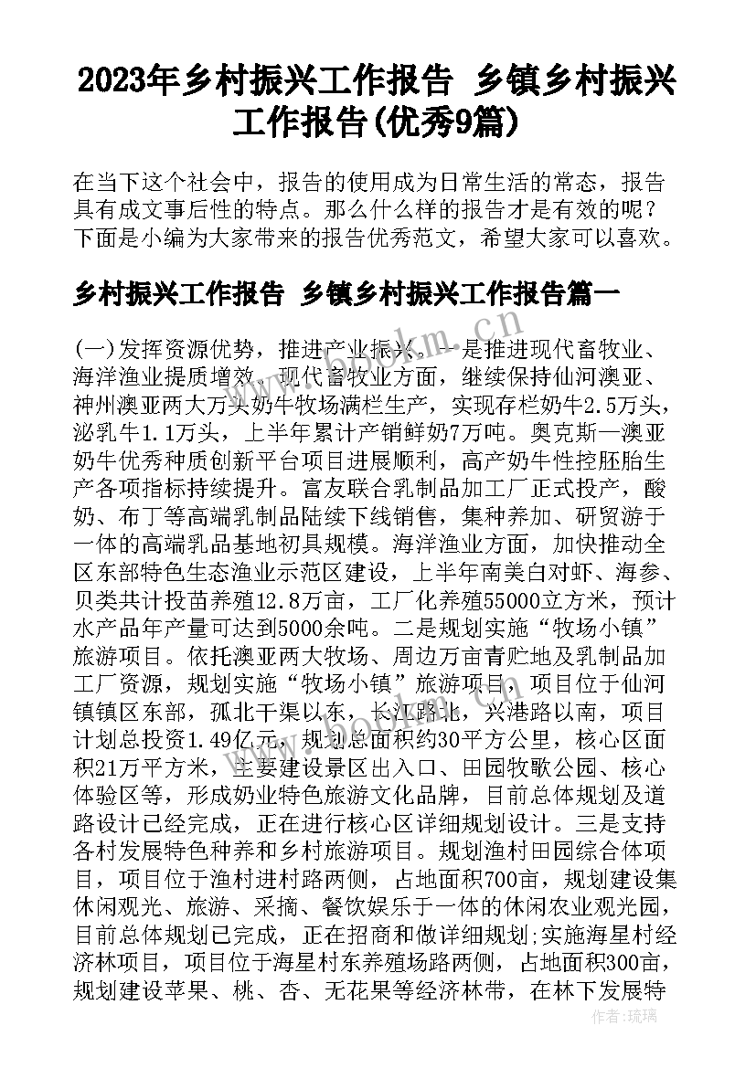 2023年乡村振兴工作报告 乡镇乡村振兴工作报告(优秀9篇)