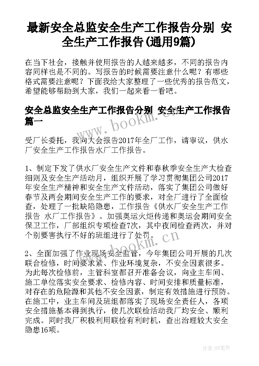 最新安全总监安全生产工作报告分别 安全生产工作报告(通用9篇)