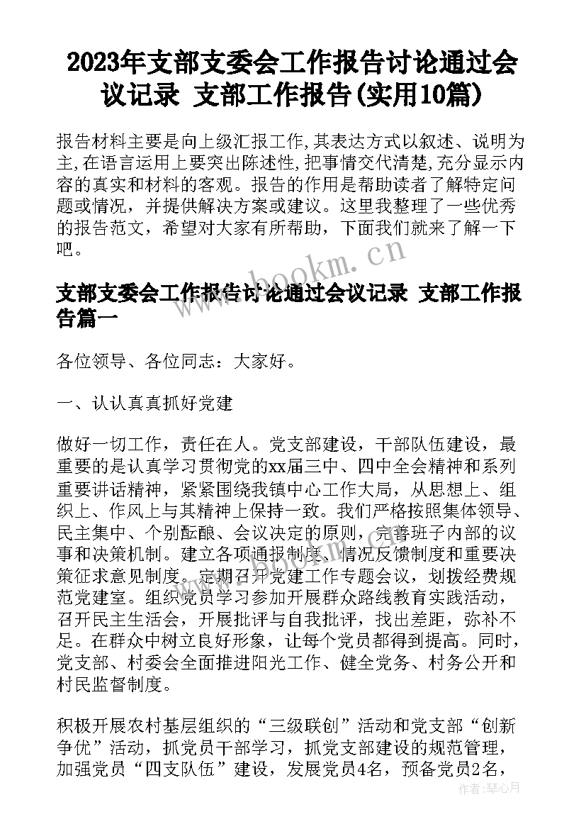 2023年支部支委会工作报告讨论通过会议记录 支部工作报告(实用10篇)