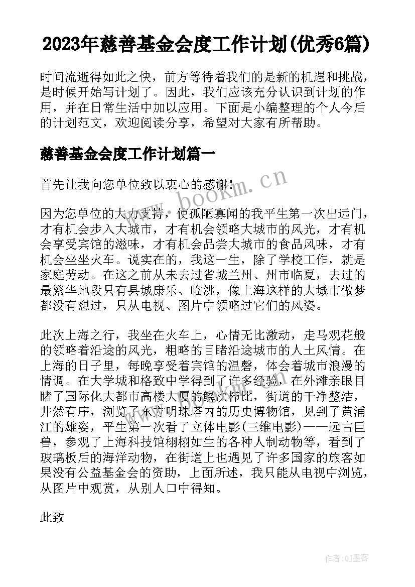 2023年慈善基金会度工作计划(优秀6篇)