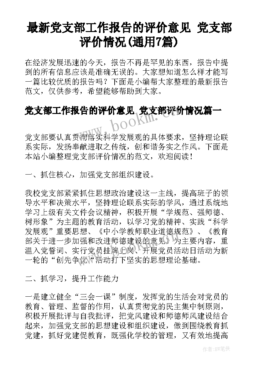 最新党支部工作报告的评价意见 党支部评价情况(通用7篇)