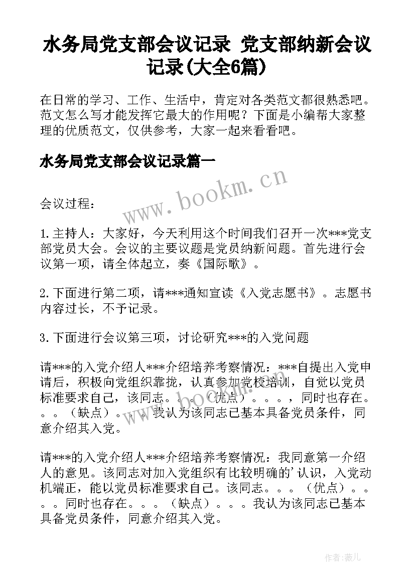 水务局党支部会议记录 党支部纳新会议记录(大全6篇)