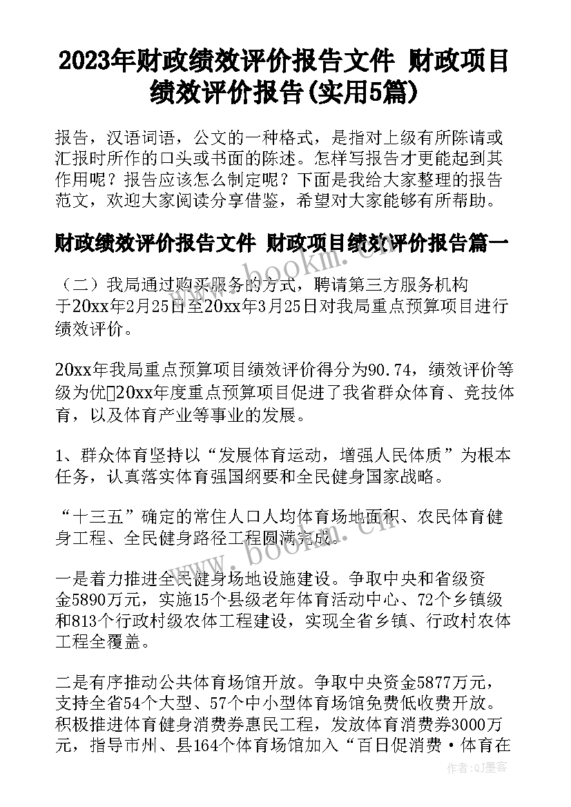 2023年财政绩效评价报告文件 财政项目绩效评价报告(实用5篇)