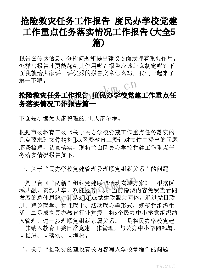 抢险救灾任务工作报告 度民办学校党建工作重点任务落实情况工作报告(大全5篇)