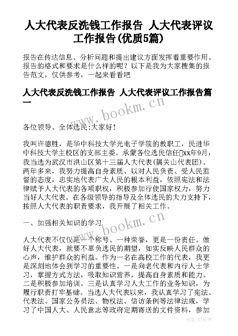 人大代表反洗钱工作报告 人大代表评议工作报告(优质5篇)