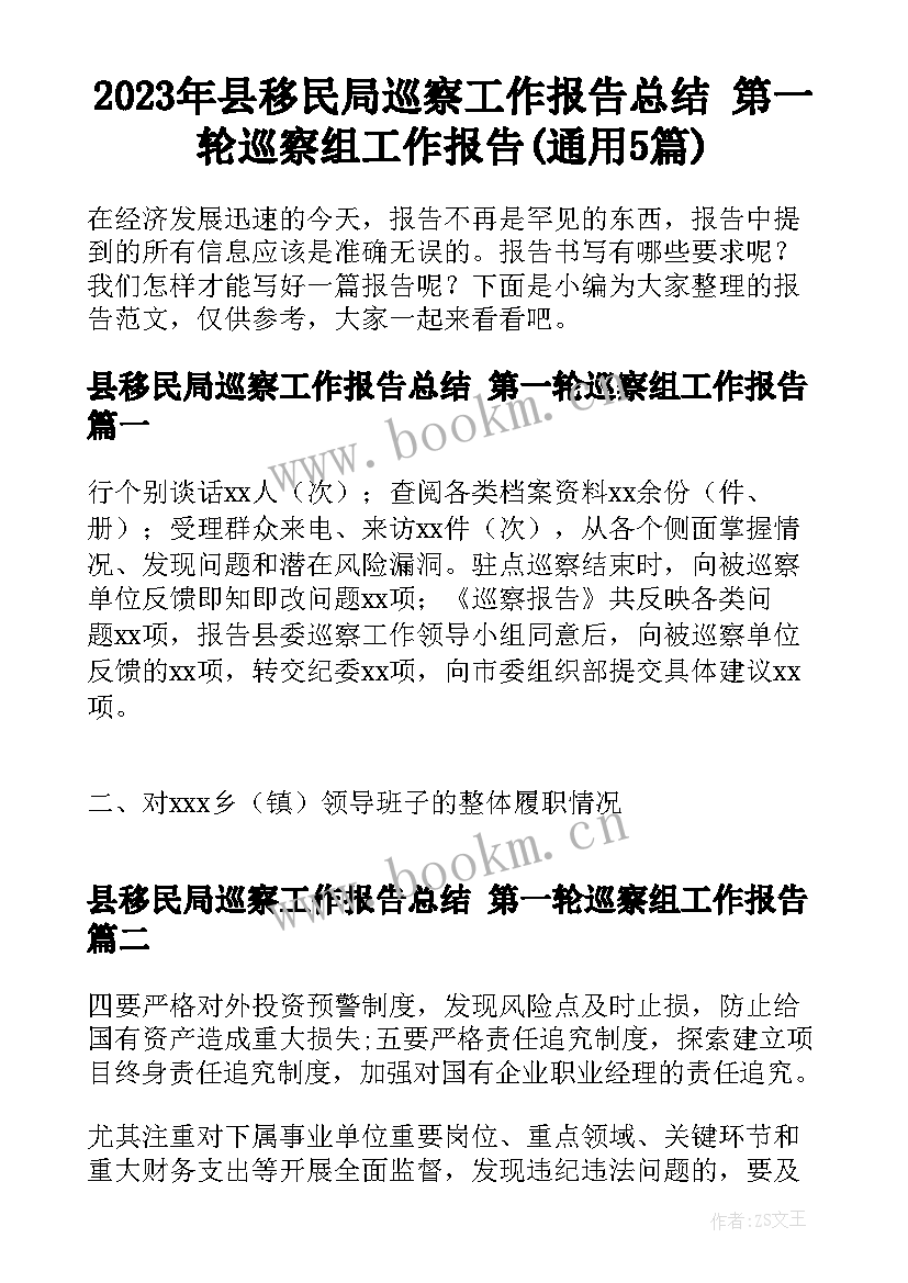 2023年县移民局巡察工作报告总结 第一轮巡察组工作报告(通用5篇)