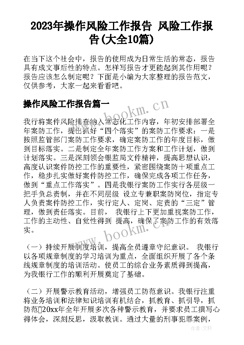 2023年操作风险工作报告 风险工作报告(大全10篇)