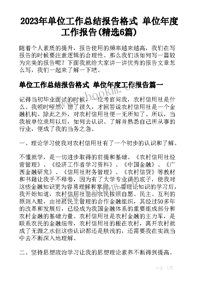 2023年单位工作总结报告格式 单位年度工作报告(精选6篇)