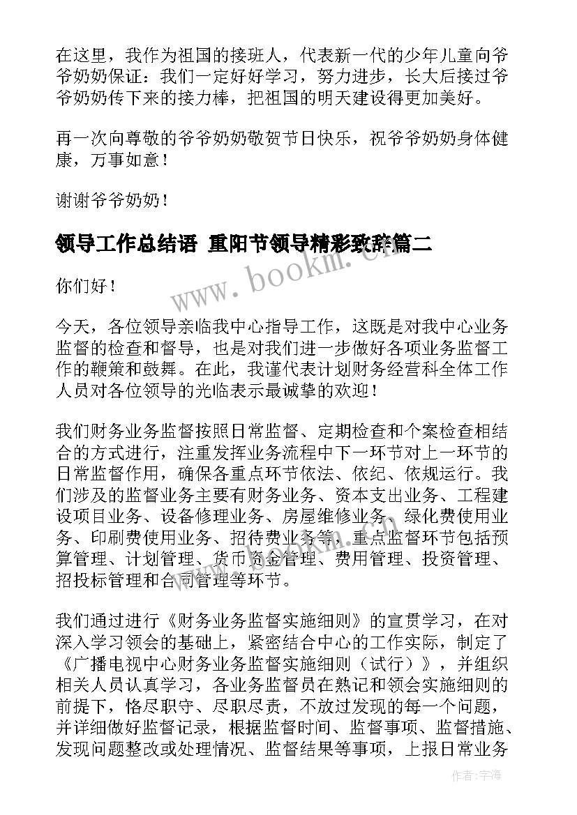 领导工作总结语 重阳节领导精彩致辞(汇总10篇)