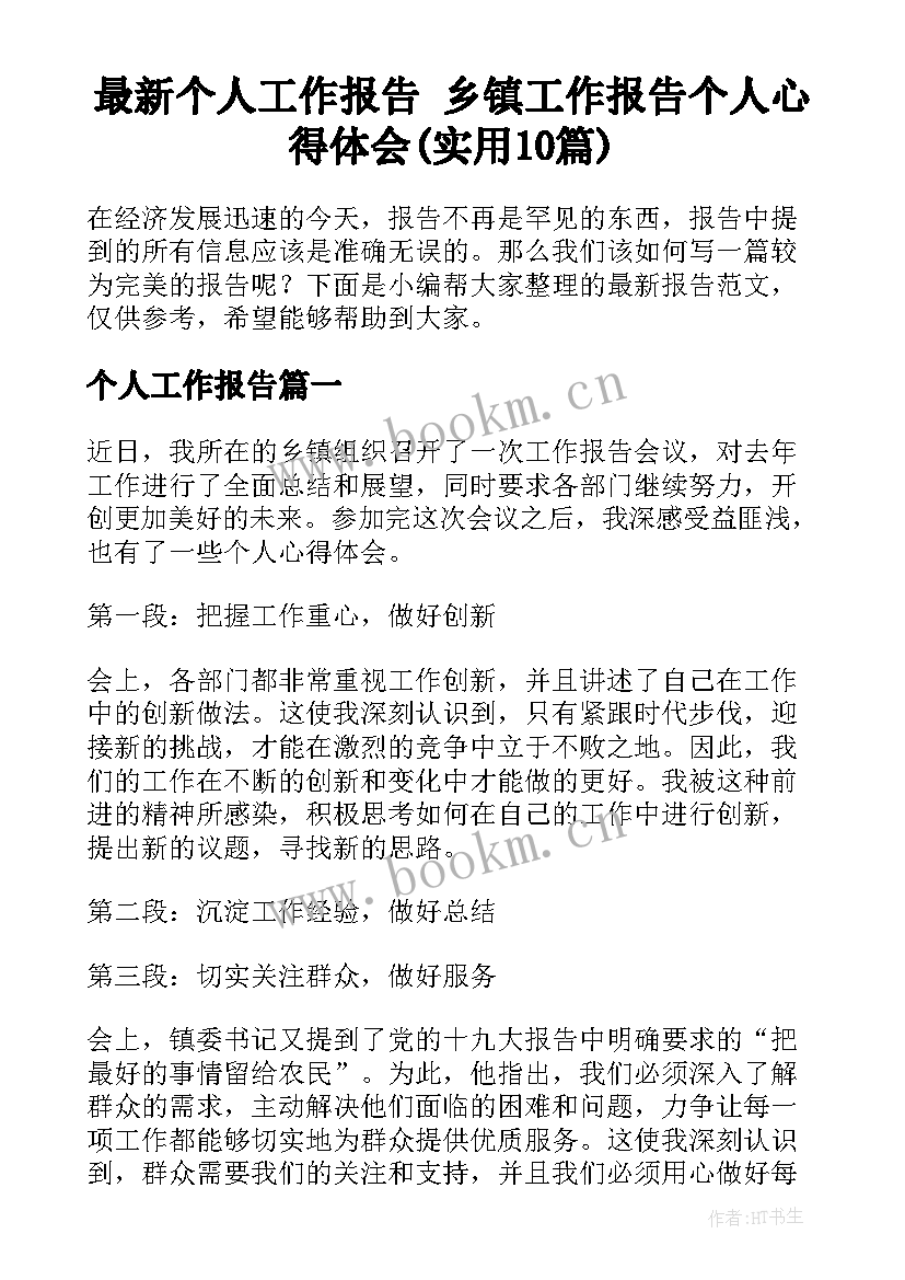 最新个人工作报告 乡镇工作报告个人心得体会(实用10篇)