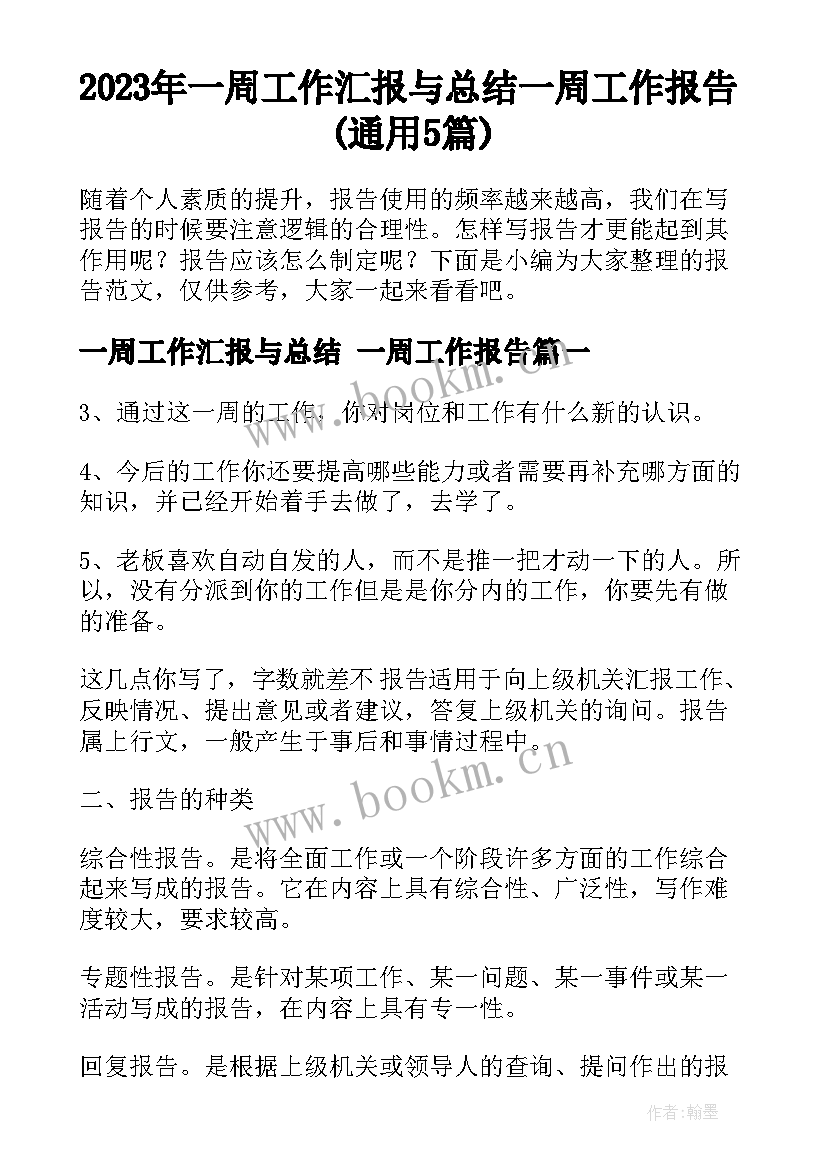 2023年一周工作汇报与总结 一周工作报告(通用5篇)