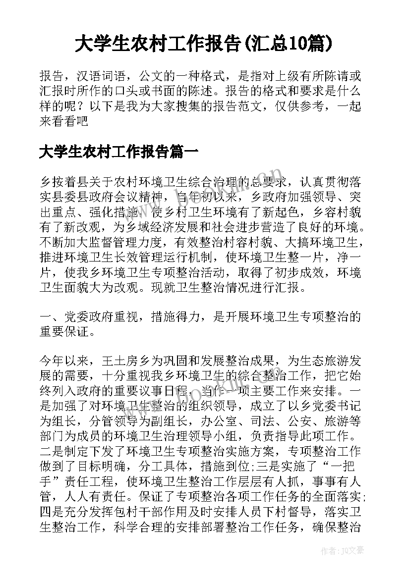 大学生农村工作报告(汇总10篇)