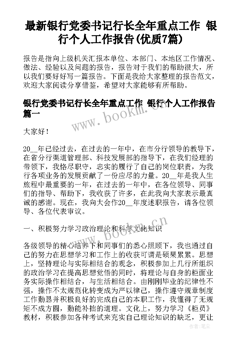 最新银行党委书记行长全年重点工作 银行个人工作报告(优质7篇)