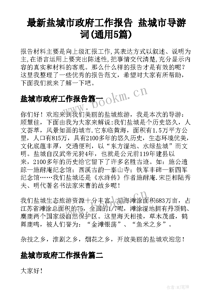 最新盐城市政府工作报告 盐城市导游词(通用5篇)