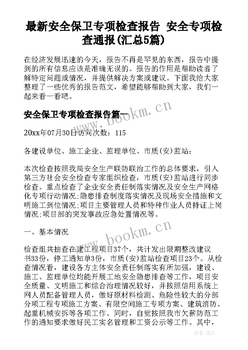 最新安全保卫专项检查报告 安全专项检查通报(汇总5篇)