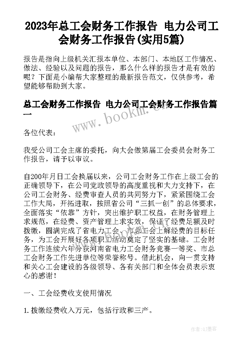 2023年总工会财务工作报告 电力公司工会财务工作报告(实用5篇)