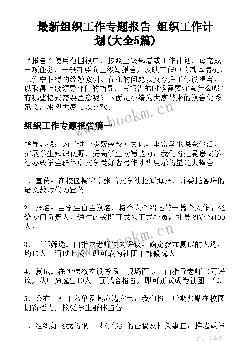 最新组织工作专题报告 组织工作计划(大全5篇)