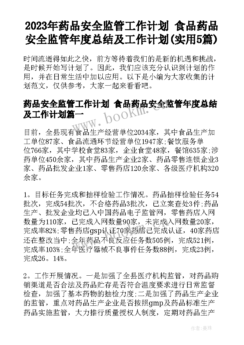 2023年药品安全监管工作计划 食品药品安全监管年度总结及工作计划(实用5篇)