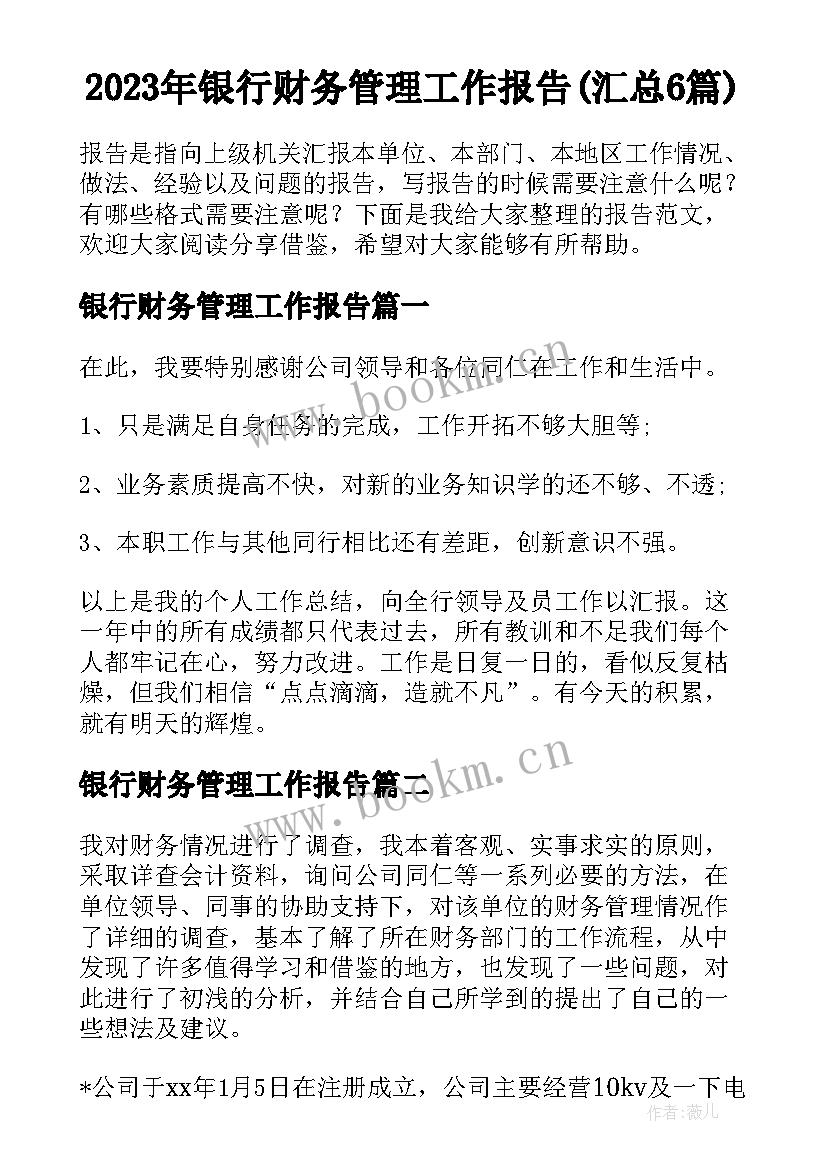 2023年银行财务管理工作报告(汇总6篇)