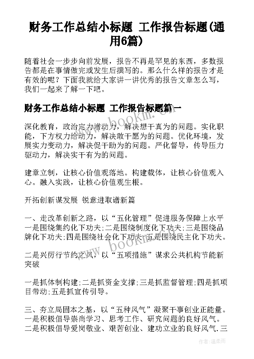 财务工作总结小标题 工作报告标题(通用6篇)