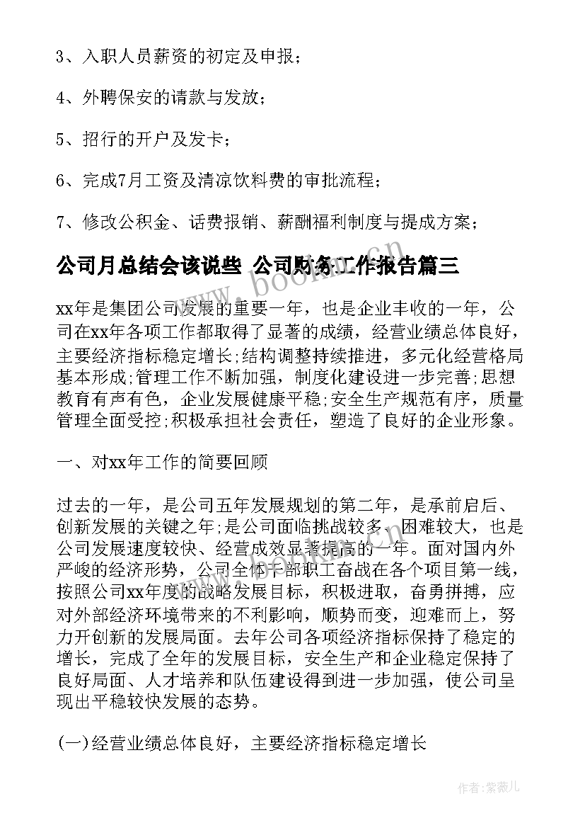 最新公司月总结会该说些 公司财务工作报告(模板6篇)