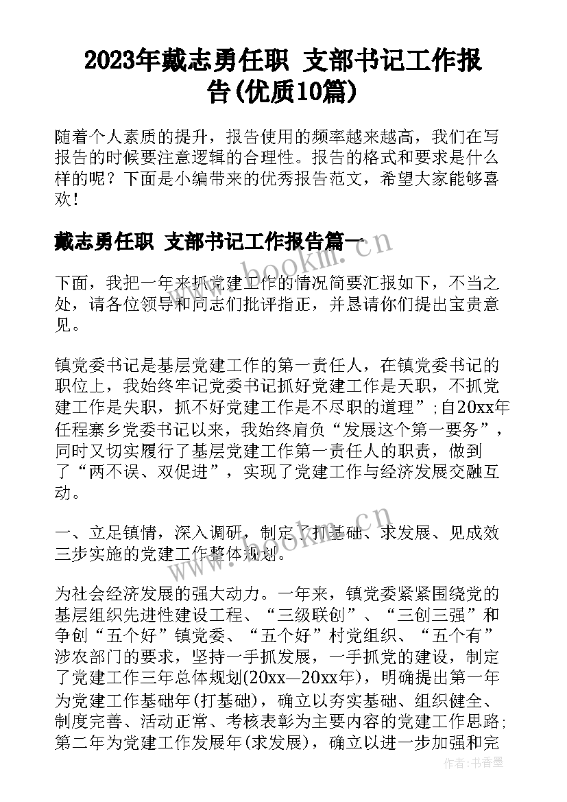2023年戴志勇任职 支部书记工作报告(优质10篇)