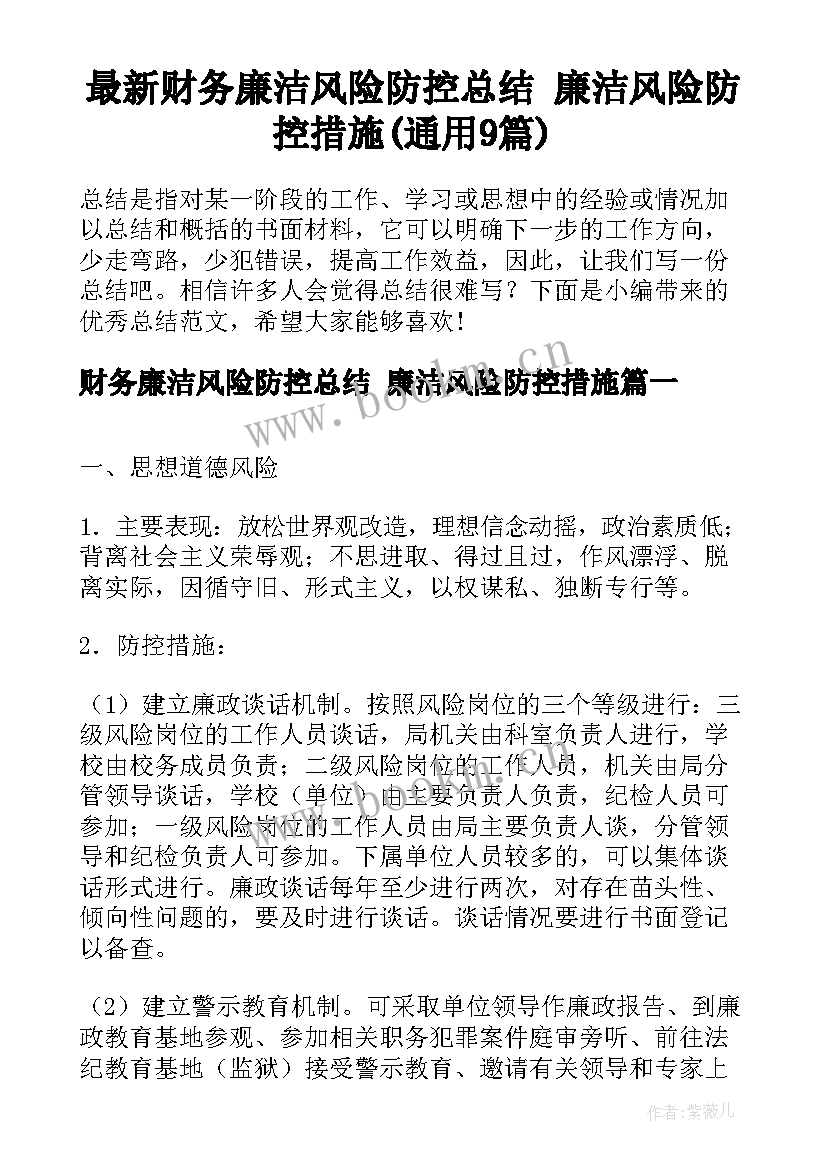 最新财务廉洁风险防控总结 廉洁风险防控措施(通用9篇)