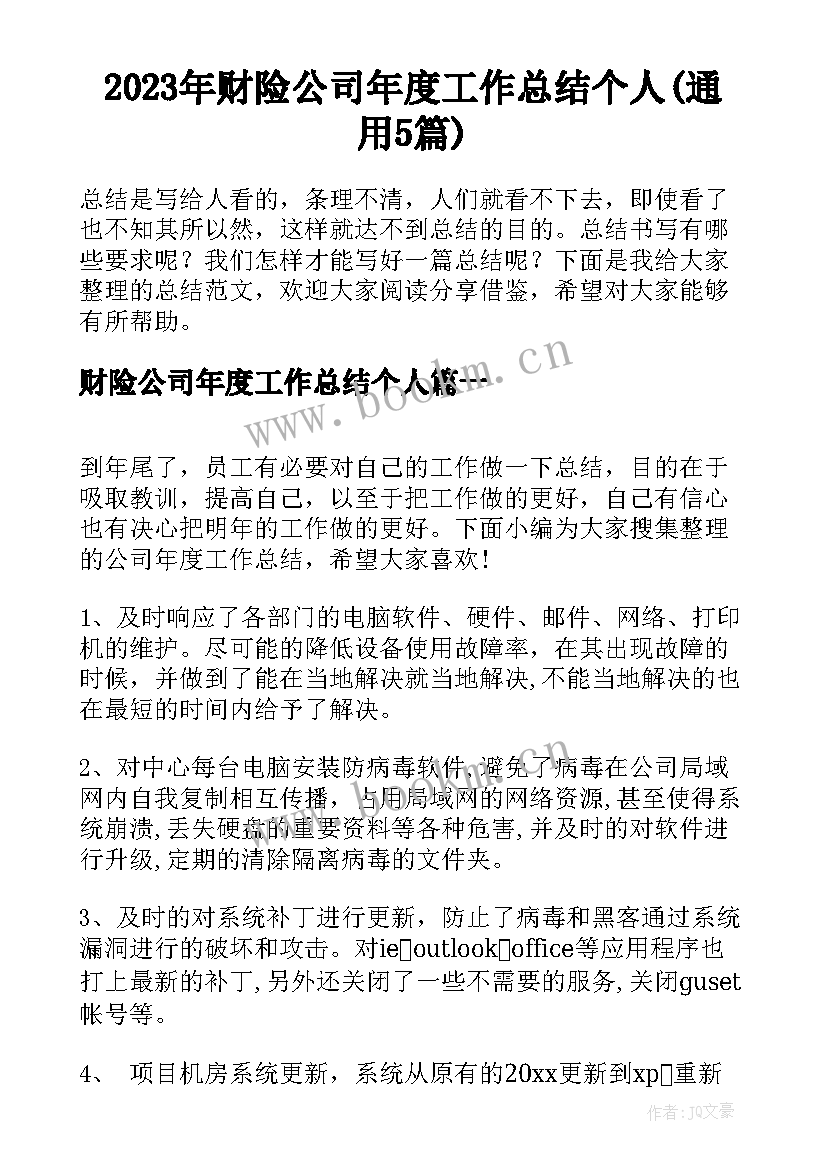 2023年财险公司年度工作总结个人(通用5篇)