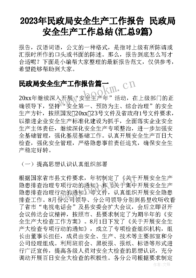 2023年民政局安全生产工作报告 民政局安全生产工作总结(汇总9篇)